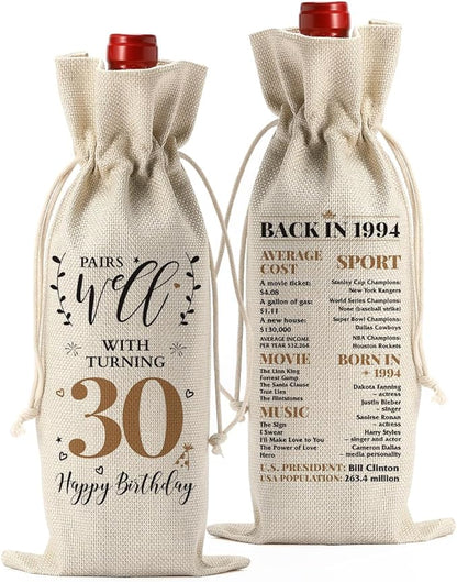 30th Birthday Gifts for Her Women Men, Best Gift for 30 Year Old Man Husband Wife Friends Him Her, Vintae Happy 1994 30th Birthday Anniversary Decorations Wine Bag?Wine Gifts Wine Gift Bag