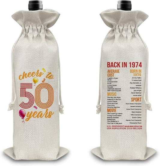 50th Birthday Gifts Wine Bag Congratulations Gifts for Women Men Mom Dad Anniversary Favors 1974 with Time Information Wine Gift Bag