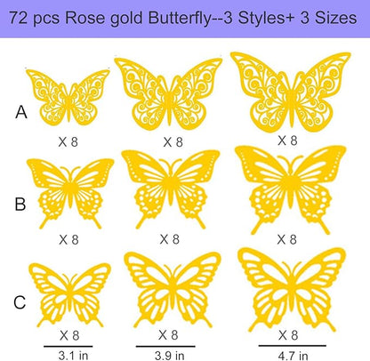 72Pcs 3D Butterfly Wall Decor 3 Sizes 3 Styles, Butterfly Decorations Party Birthday Cake Decoration, Removable Butterfly Wall Stickers for Kids Nursery Wedding Bedroom Room Decor(Rose Gold)