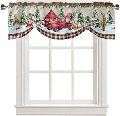 Christmas Farmhouse Blackout Tie Up Valance Curtains for Kitchen Windows Red Truck Gnomes Window Toppers Balloon Shades for Living Room/Bathroom/Bedroom,1 Panel,42" X 12" Winter Holiday Snowman