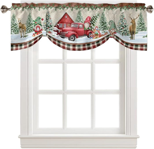 Christmas Farmhouse Blackout Tie Up Valance Curtains for Kitchen Windows Red Truck Gnomes Window Toppers Balloon Shades for Living Room/Bathroom/Bedroom,1 Panel,42" X 12" Winter Holiday Snowman