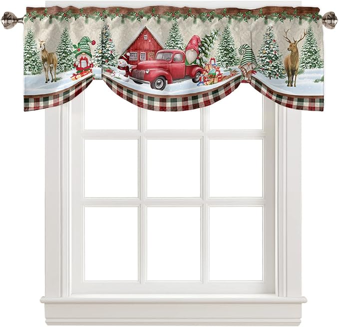 Christmas Farmhouse Blackout Tie Up Valance Curtains for Kitchen Windows Red Truck Gnomes Window Toppers Balloon Shades for Living Room/Bathroom/Bedroom,1 Panel,60" X 18" Winter Holiday Snowman