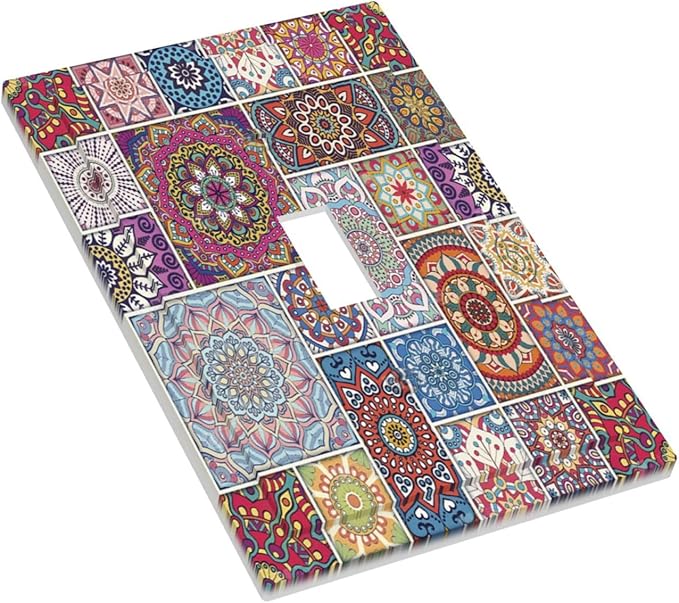 Morocco Talavera Mexican Tiles Printed Colroful Mandala 1 Gang Light Switch Covers Single Toggle Wall Plate Decorative Switchcover Electrical Switchplate for Kitchen Bathroom Bedroom Decor