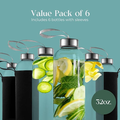 32 oz Glass Water Bottle Set of 6 - Glass Water Bottles Caps & Sleeve, Reusable Glass Bottle Lids, Clear Glass Bottles, Refillable Glass Juice Bottles for Juicing, Juicer Bottles
