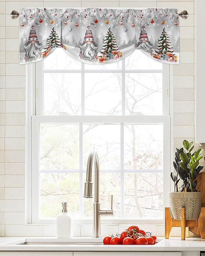 Christmas Gnome Blackout Tie Up Valance Curtains for Kitchen Windows Winter Merry Christmas Tree Balls Window Toppers Balloon Shades for Living Room/Bathroom/Bedroom,1 Panel, 54" X 18", Grey
