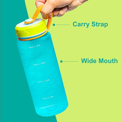 bzyoo HydroPop 36oz Water Bottle w/Strap - Leak-Proof, Hydration Intake Tracking Measurement, Wide Mouth for Ice. Perfect for Gym, Travel, Outdoor - Color Blue