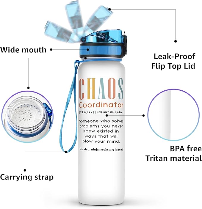 Macorner Chaos Coordinator Water Bottle Time Marker 32oz Leakproof - Birthday Gift Idea for Boss Women Coworker Manager Teacher Boss Lady Office Work Bestie - Suitable for School Gym Nurse Farewell