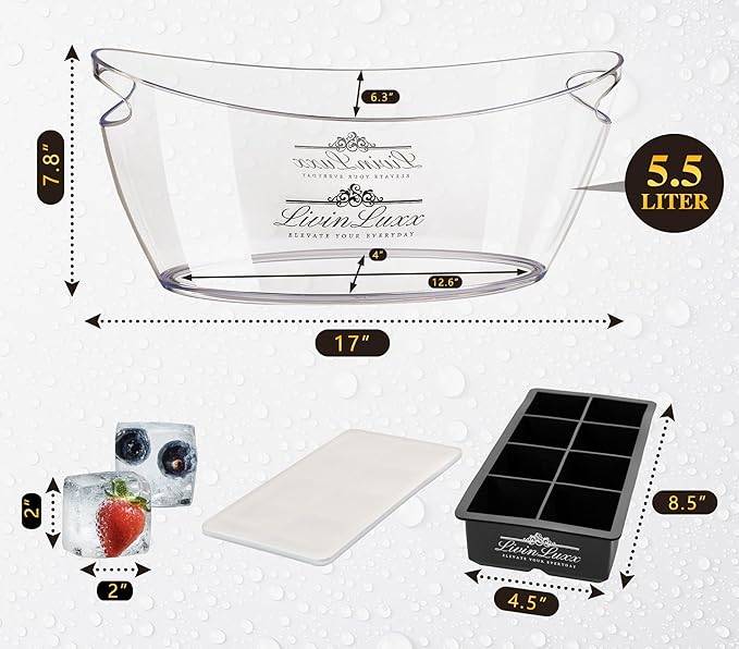 Acrylic Ice Bucket for Parties with Silicone Ice Cube Tray - Clear Champagne Bucket 5.5 Liter - Beverage Tub with Big Square Ice Cubes for Cold Drinks - Holds 3-5 Wine or Champagne bottles