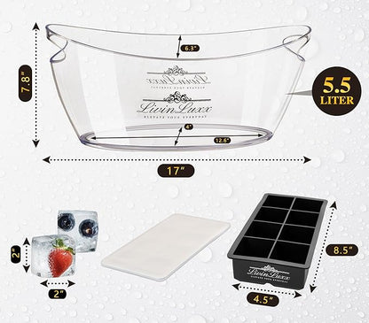 Acrylic Ice Bucket for Parties with Silicone Ice Cube Tray - Clear Champagne Bucket 5.5 Liter - Beverage Tub with Big Square Ice Cubes for Cold Drinks - Holds 3-5 Wine or Champagne bottles
