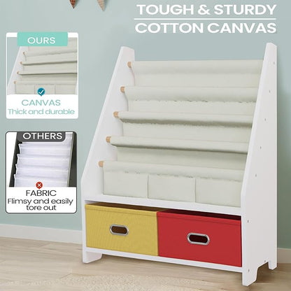4 Tier Kids Book Shelf, Wooden Kids Book Rack, White Kids Bookshelf with Toy Storage Organizer, Toddler Sling Bookshelf for Boys, Girls, Kids Room, Red/Yellow