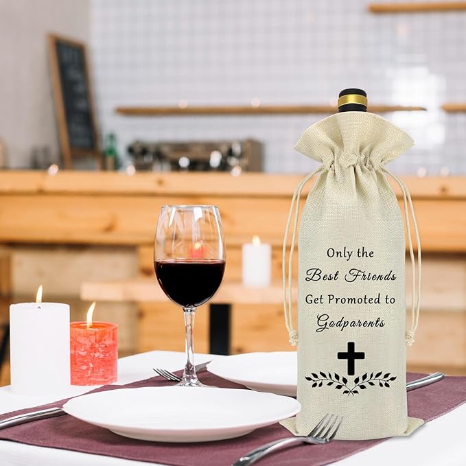 Godparents Proposal Gift Wine Bag Godmother Godfather Gift from Godchild Burlap Wine Bottle Cover Pregnancy Announcement Gift for Friends Sister Wine Bag Birthday Christmas Gifts for Godparents