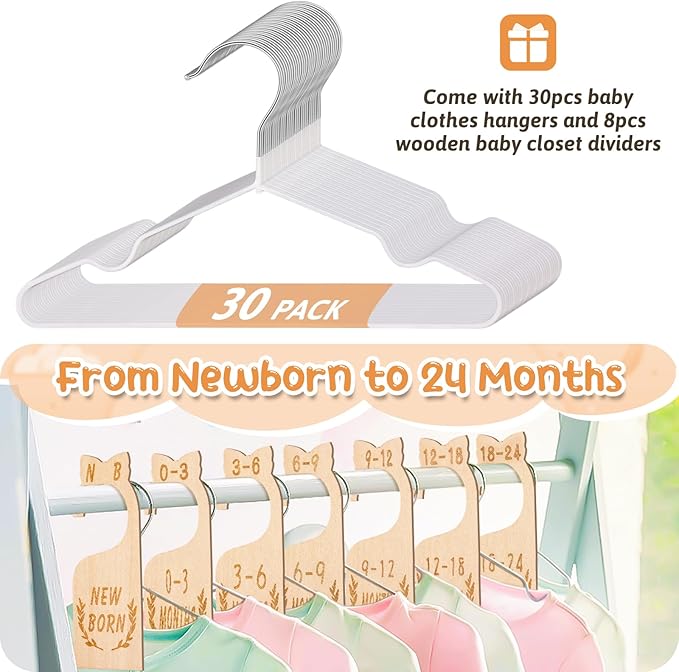 8Pcs Wooden Baby Closet Dividers for Baby Clothes Organizer, and 30Pcs Baby Hangers, Baby Closet Organizer Baby Clothes Dividers for New Mom Dad Parents, 0-24 Months