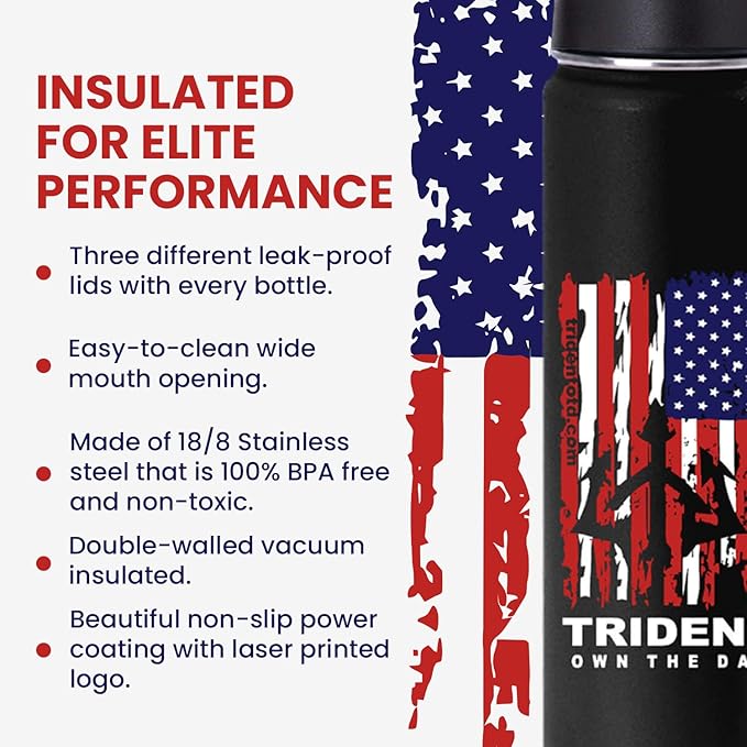 American Flag Water Bottle, 21 oz Insulated Water Bottle, Reusable Water Bottle with Straw, Leak Proof Water Bottles, Thermos Water Bottle - Retired Navy Combat Vet Small Business (Black, 21 Oz)
