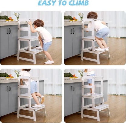 Kids Kitchen Step Stool, Standing Stool with Safety Rail for Toddlers 18 Months and Older, Safety Anti-Slip Protection, Removable Step Stool for Adult Use, White