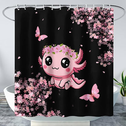 AILONEN Cute Cartoon Axolotl Kawaii Shower Curtain,Pink Cherry Blossom Floral Bath Curtain,Animal Axolotl Butterfly Waterproof Black Curtain for Bathroom, 72" W x 96" H