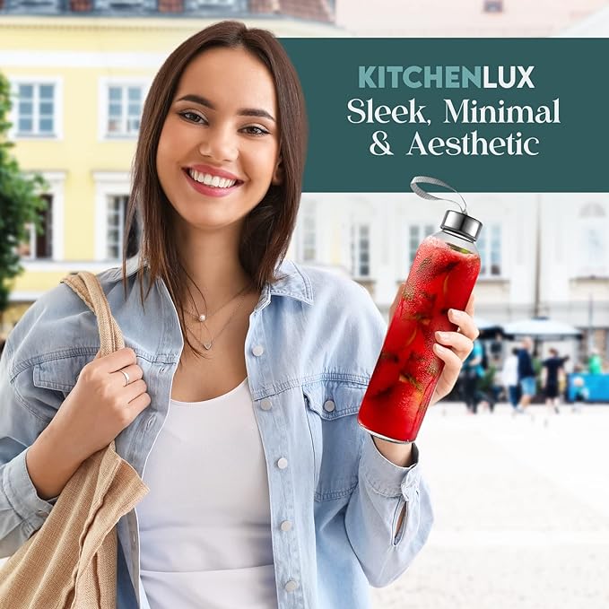 32 oz Glass Water Bottle Set of 6 - Glass Water Bottles Caps & Sleeve, Reusable Glass Bottle Lids, Clear Glass Bottles, Refillable Glass Juice Bottles for Juicing, Juicer Bottles