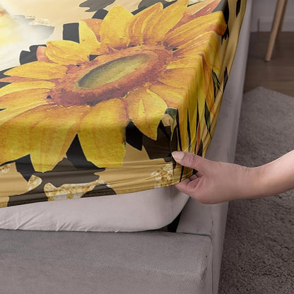 AILONEN Leopard Fitted Sheet Set for Boys, 3 Pieces Twin Yellow Sunflower and Animal Cheetah Leopard Printed Fitted Sheet Set for Kids Adults,1 Fitted Sheet with 2 Pillowcases