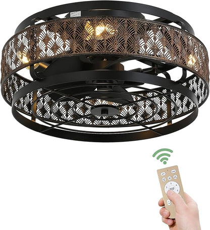 Low Profile Caged Ceiling Fan With Light&Remote, 17" Flush Mount Farmhouse Ceiling Fan, Enclosed Rustic Ceiling Fan with Reversible Motor, Black and Gold Industrial Ceiling Fixture for Bedroom/Kitchen