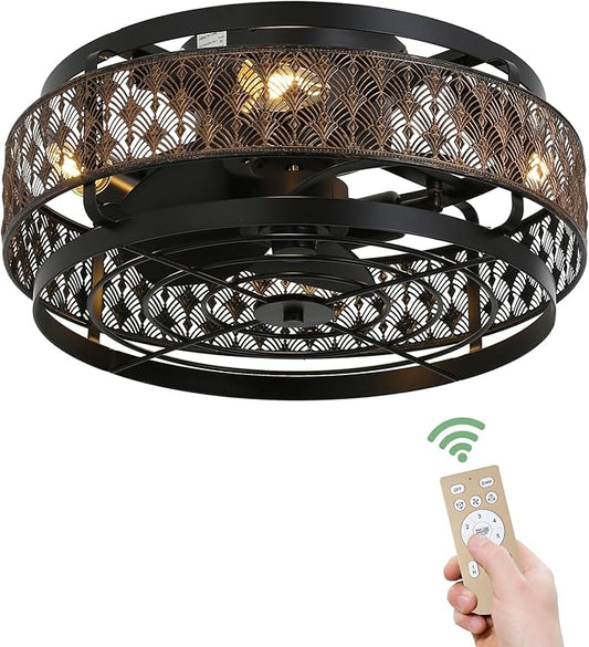 Low Profile Caged Ceiling Fan With Light&Remote, 17" Flush Mount Farmhouse Ceiling Fan, Enclosed Rustic Ceiling Fan with Reversible Motor, Black and Gold Industrial Ceiling Fixture for Bedroom/Kitchen