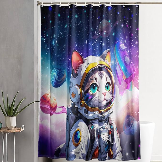 AILONEN Cartoon Astronaut Cat Shower Curtain Set for Kids Boys, Rainbow Rocket Waterproof Fabric Shower Curtain Curtain for Bathroom,Joyful Cat Galaxy Planet Shower Curtain Liner,72" W*96" H