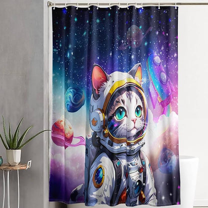 AILONEN Cartoon Astronaut Cat Shower Curtain Set for Kids Boys, Rainbow Rocket Waterproof Fabric Shower Curtain Curtain for Bathroom,Joyful Cat Galaxy Planet Shower Curtain Liner,72" W*72" H