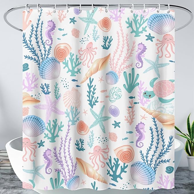 AILONEN Kids Ocean Shower Curtain for Bathroom,Funny Cute Octopus Fish Ocean Under Sea Coral Starfish Bath Curtain for Boys Girls,60" W*72" H Art Waterproof Decor Fabric 12 Pack Hooks