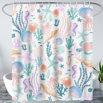 AILONEN Kids Ocean Shower Curtain for Bathroom,Funny Cute Octopus Fish Ocean Under Sea Coral Starfish Bath Curtain for Boys Girls,72" W*84" H Art Waterproof Decor Fabric 12 Pack Hooks