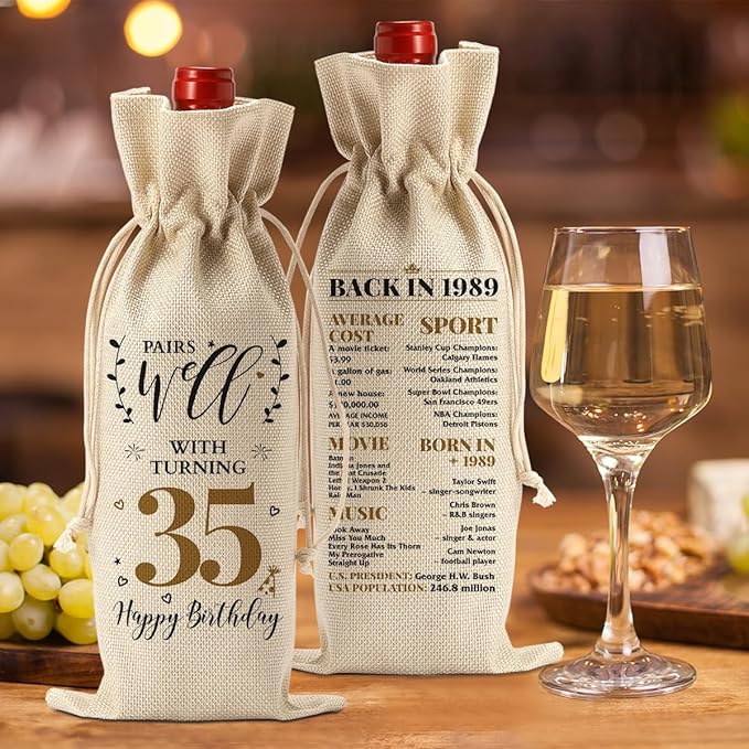35th Birthday Gifts for Women Men Funny Wine Bag 35th Birthday Decorations Party Favors Happy Anniversary 35 Year Old Gifts Ideas for Mom Her Wife Woman Sister Coworker Wine Gift Bag