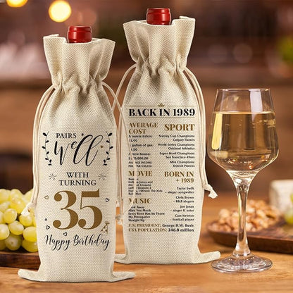 35th Birthday Gifts for Women Men Funny Wine Bag 35th Birthday Decorations Party Favors Happy Anniversary 35 Year Old Gifts Ideas for Mom Her Wife Woman Sister Coworker Wine Gift Bag