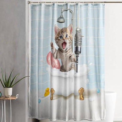 AILONEN Cute Shower Cat Shower Curtain for Kids Boys,Funny Singing Cat Waterproof Fabric Shower Curtain for Bathroom,Cartoon Bathing Kitten Animal Shower Curtain Set with Hooks,48" W*72" H