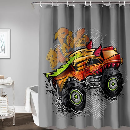 AILONEN Truck Shower Curtain for Kids Boys Teens,Red Monster Truck Bath Curtain for Bathroom Decor,Jam Truck Polyester Waterproof with 12 Plastic Hooks 72" W*84" H