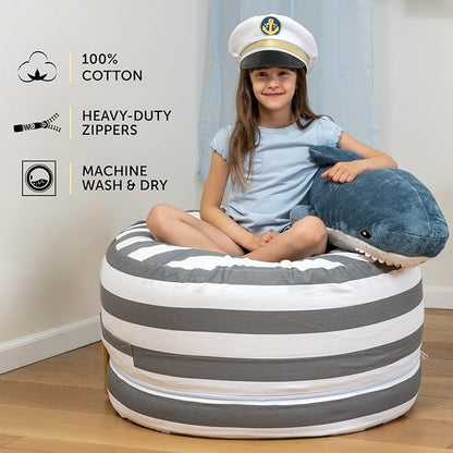 2 Sizes in 1 Stuffed Animal Storage Bean Bag Chair Cover for Kids & Adults | Washable XL Stuffie Seat | 100% Cotton | Pouf Organizer for Plush Toys, Linens, Quilts & Pillows | Royal Grey