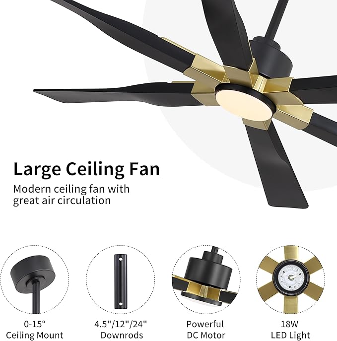68 Inch Ceiling Fan with Lights and Remote Control, 6 Reversible ABS Blades, 6-Speed Noiseless DC Motor with 4.5" / 12" / 24" Downrods for Bedroom Dining Living Room, Gold and Black