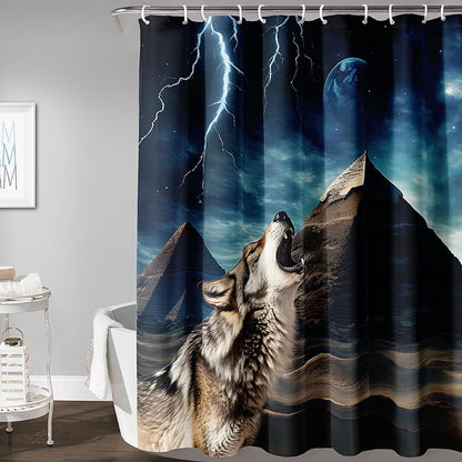AILONEN Howling Wolf Shower Curtain,Retro Pyramid Evening Wolf Bath Curtain,Safari Wolf Curtain for Bathroom Decor,Polyester Waterproof with 12 Plastic Hooks 48" W*72" H