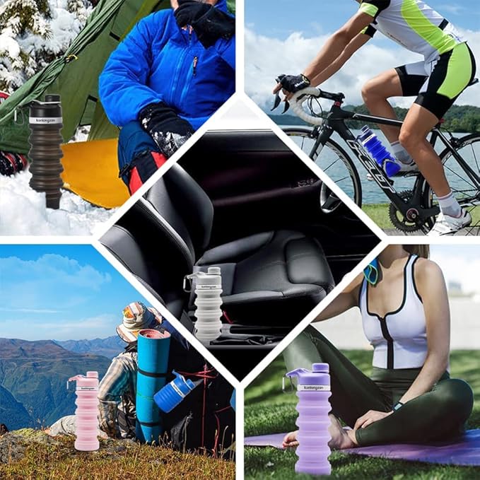 Collapsible Water Bottle Silicone Foldable Water Bottles Travel Water Bottles 550ml with Carabiner, Portable Sport Water Bottles for Camping,Hiking Sport. (Dark Blue)