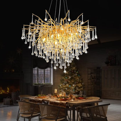31.5 Inch Modern Crystal Chandeliers,10-Light Gold Tree Branch Chandelier Hanging Light Fixtures,Raindrop Chandeliers for Dining Room,Living Room