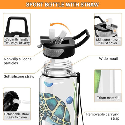 senya Watercolor Sea Turtles Sport Water Bottle with Straw Tritan Clear Bottle for Outdoor Gym Travel