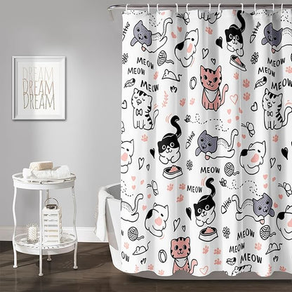 AILONEN Cat Shower Curtain, Cute Cat Cartoon Pet Cat Kitten Bathroom Curtain,Cat Paw Print Cat Lover Bath Curtain 60" W*72" H Polyester Waterproof Bathroom Curtain with 12 Hooks