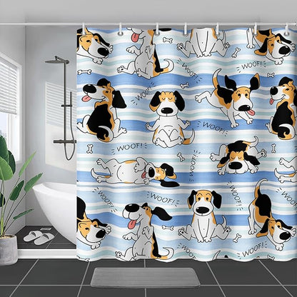 AILONEN Cartoon Dog Shower Curtain,Funny Beagle Active Dog Printed Shower Curtain, 72" W*84" H Waterproof Happy Cartoon Pet Dog Curtain with Grommets and 12 Hooks