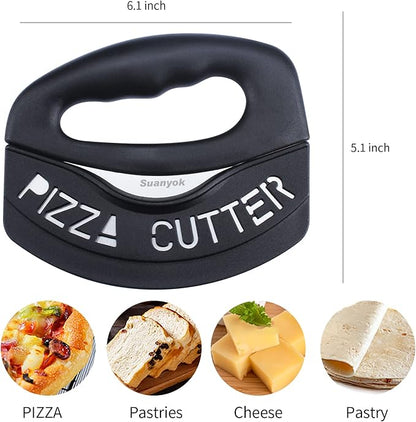 Premium Pizza Cutter Food Chopper-Super Sharp Blade Stainless Steel Pizza Cutter Rocker Slicer with Protective Sheath Multi Function Pizza Knife Kitchen Tools,Dishwasher Safe (Black)