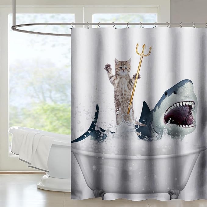 AILONEN 3D Bathtub Shark Shower Curtain for Kids 150 * 180 Inch,Cat Riding Shark in a Bathtub Shower Curtain,12 Pack Hooks Polyester Waterproof Fabric Decor for Bathroom Bathtub Panels