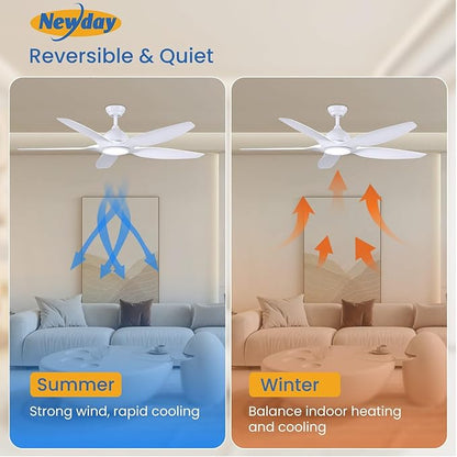 Newday 60" White Ceiling Fans with Light and Remote, Modern, Noiseless Reversible DC Motor, Large Indoor, Kitchen, Bedroom, Living Room