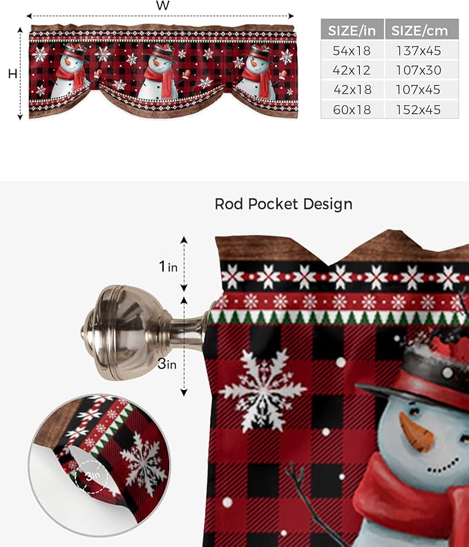 Christmas Blackout Tie Up Valance Curtains for Kitchen Windows Funny Snowman Snowflake Window Toppers Balloon Shades for Living Room/Bathroom/Bedroom,1 Panel,42" X 18" Red Farmhouse