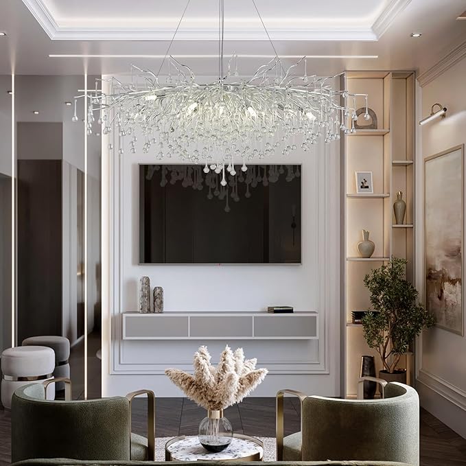 Modern Chandeliers,47.24in Rectangular Crystal Chandelier Chrome, 13-Light Farmhouse Raindrop Chandelier Pendant Light Fixture for Living Room, Kitchen Island 13-Light