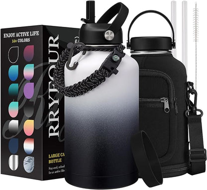 64oz Stainless Steel Water Bottles with Straw - Flex Lids, Shoulder Carrier Bag, Protective Cup Mat, 1/2 Gallon Metal Water Jug BPA Free, Vacuum Thermo Water Bottle for Women Men, Gym Outdoor Working