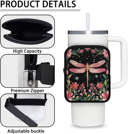 Dragonfly Flower Stanley Cup Pouch with Adjustable Strap Water Bottle Storage Bag 20oz-40oz IceFlow Tumbler Pouch for Stanley Accessories