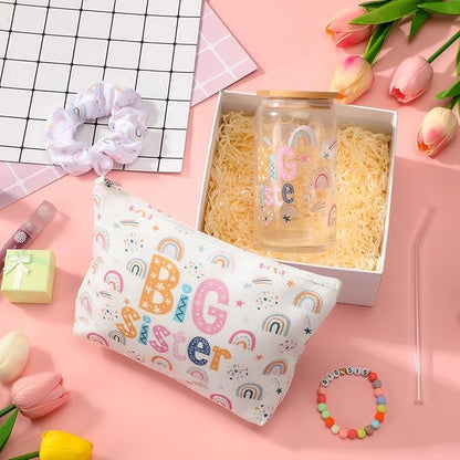 4 Pcs Big Sister Gifts for Girls Cute Big Sister 16oz Glass Tumbler Cup Makeup Bag Sister Bracelet and Scrunchies Best Sister Gift for Little Girls of New Baby Birthday Baby Shower