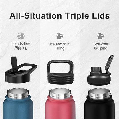 32oz Insulated Water Bottle with 3 Lids(Straw, Hand and Spout Lid), Double Vacuum Stainless Steel Metal Water Flask(BPA-free, CPC) for Sports, Camping, Hiking, Cycling, Fitness and more(Indigo Black)