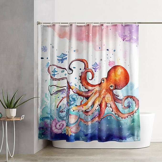AILONEN Lovely Octopuses Shower Curtain Set, Red Cartoon Octopus Waterproof Fabric Shower Curtain for Bathroom,Watercolor Nautical Anchor Theme Cloth Bath Curtain with Hooks,48" Wx72 H