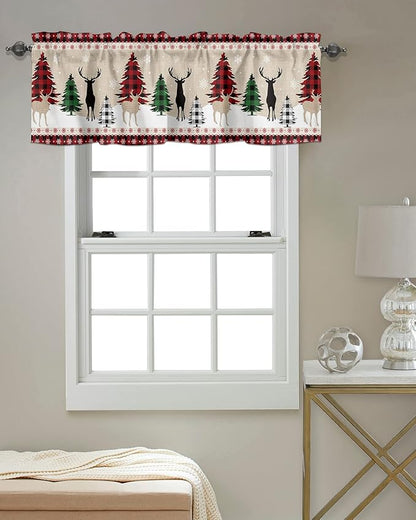 Farmhouse Christmas Kitchen Curtains Valances for Windows Rustic Plaid Christmas Tree Snowflakes Rod Pocket Short Curtain for Kitchen /Living Room/Bedroom/ Bathroom,60" X 18" -1 Panel, Red Green Black